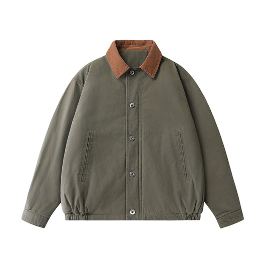 Color-Blocked Lapel Cotton Coat for Men Trendy Vintage Workwear Jacket