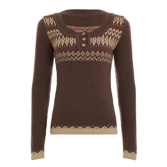 Color-block Knitted Crewneck Sweater Fitted Warm Button-down Sweater