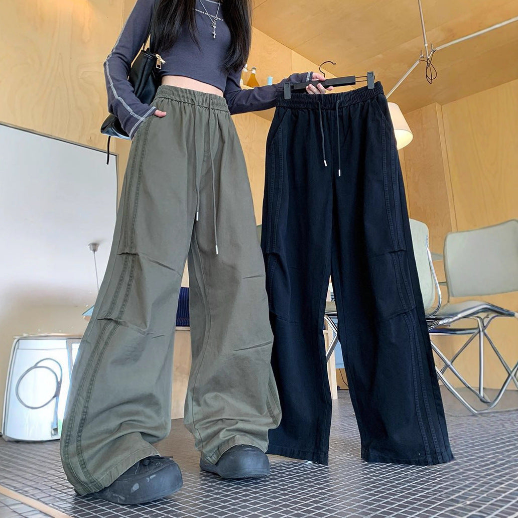 Casual Long Pants, Pleated Washed Cotton Straight Leg Cargo Pants, Unisex, High-End Vintage Loose Streetwear Wide Leg Pants