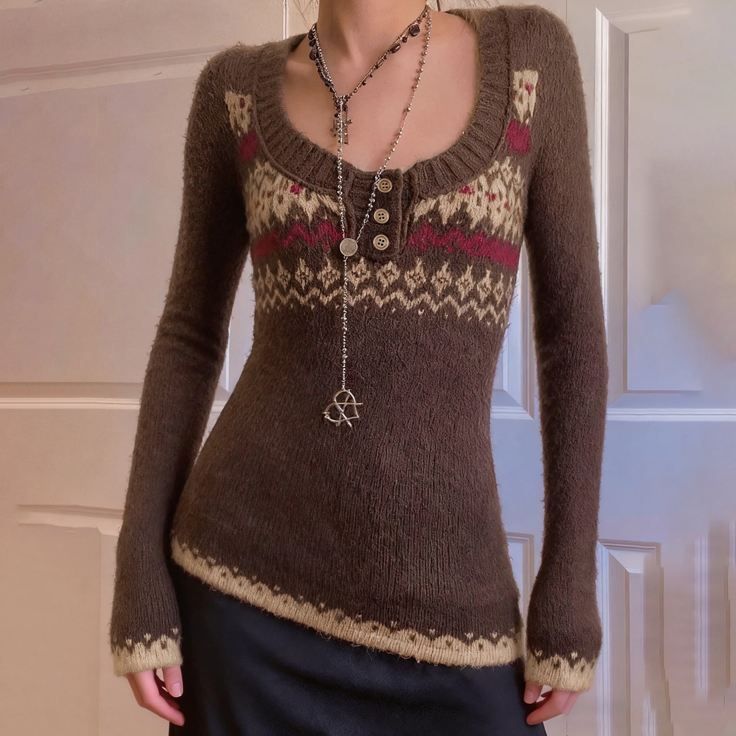 Color-block Knitted Crewneck Sweater Fitted Warm Button-down Sweater