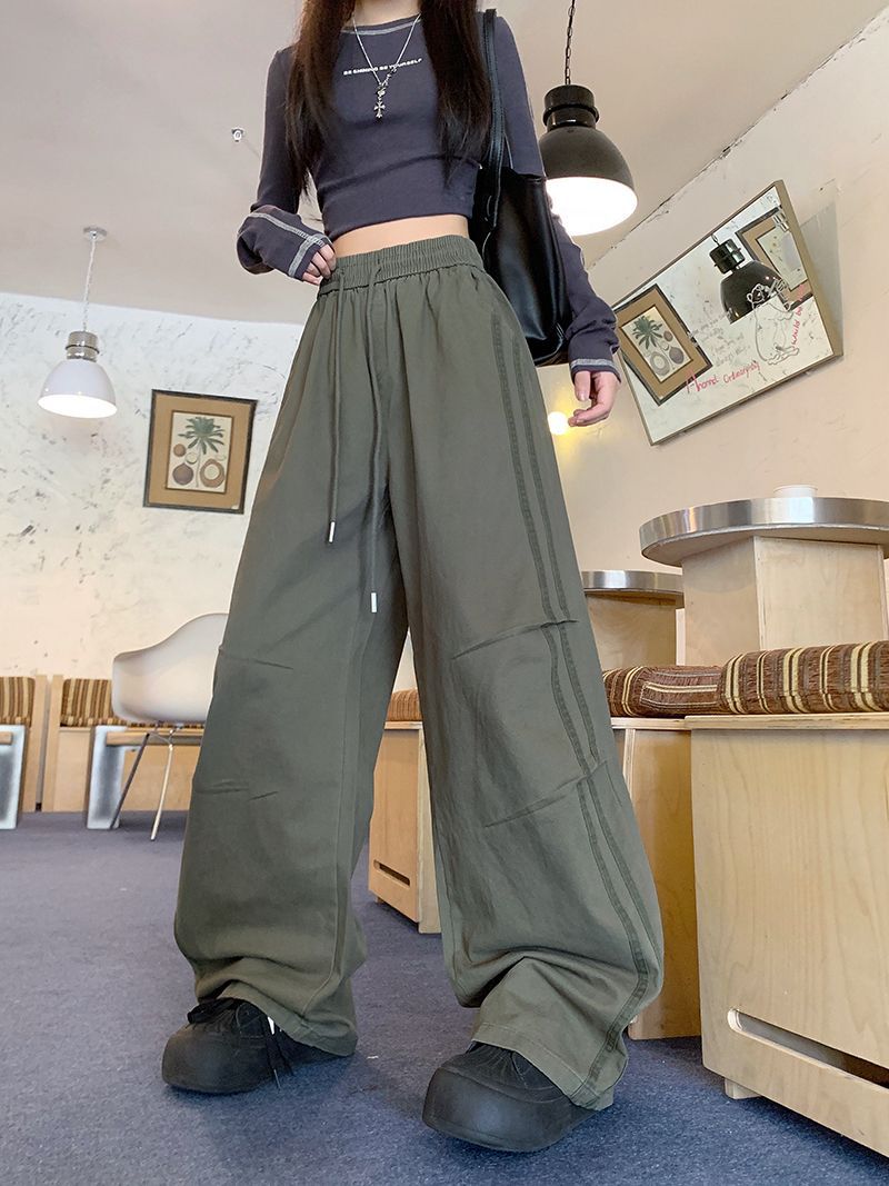 Casual Long Pants, Pleated Washed Cotton Straight Leg Cargo Pants, Unisex, High-End Vintage Loose Streetwear Wide Leg Pants