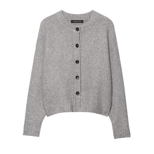 Round neck long sleeved single breasted gray knitted sweater for women