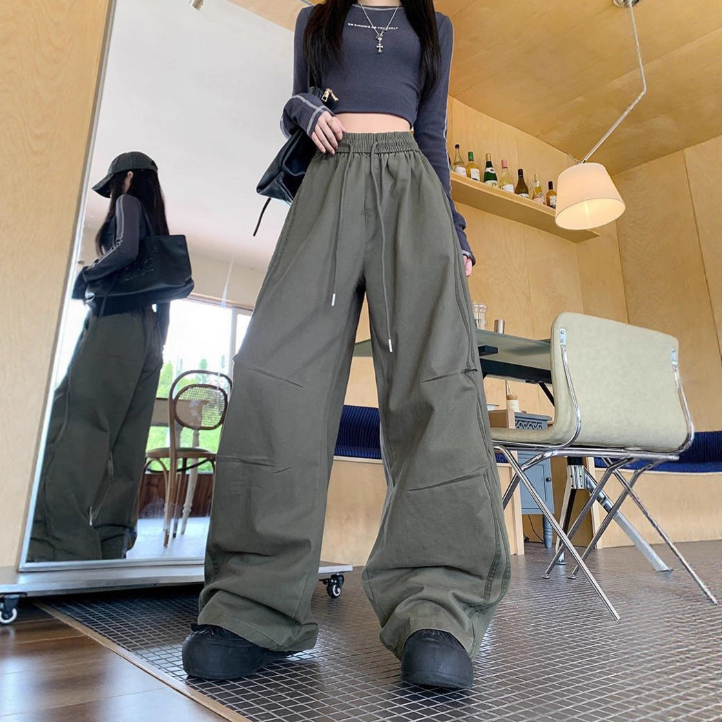 Casual Long Pants, Pleated Washed Cotton Straight Leg Cargo Pants, Unisex, High-End Vintage Loose Streetwear Wide Leg Pants