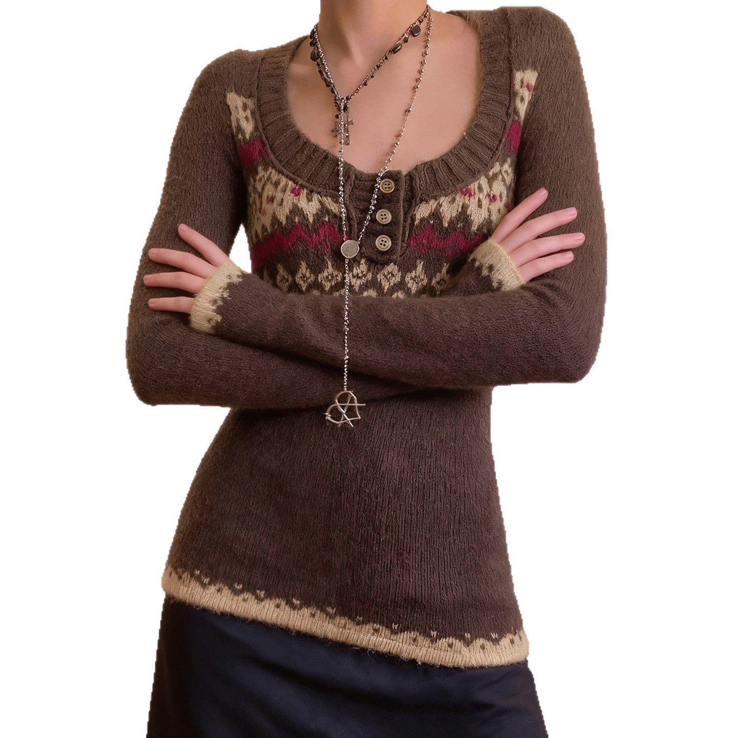 Color-block Knitted Crewneck Sweater Fitted Warm Button-down Sweater