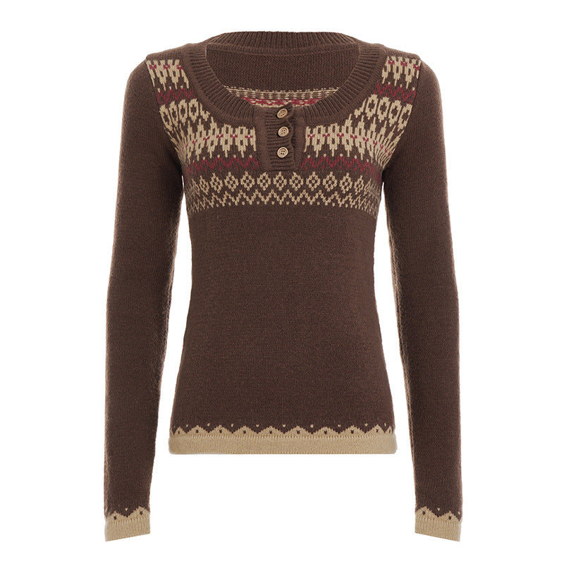 Color-block Knitted Crewneck Sweater Fitted Warm Button-down Sweater
