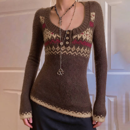 Color-block Knitted Crewneck Sweater Fitted Warm Button-down Sweater