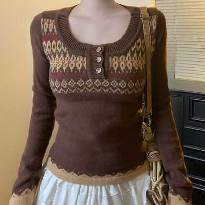 Color-block Knitted Crewneck Sweater Fitted Warm Button-down Sweater